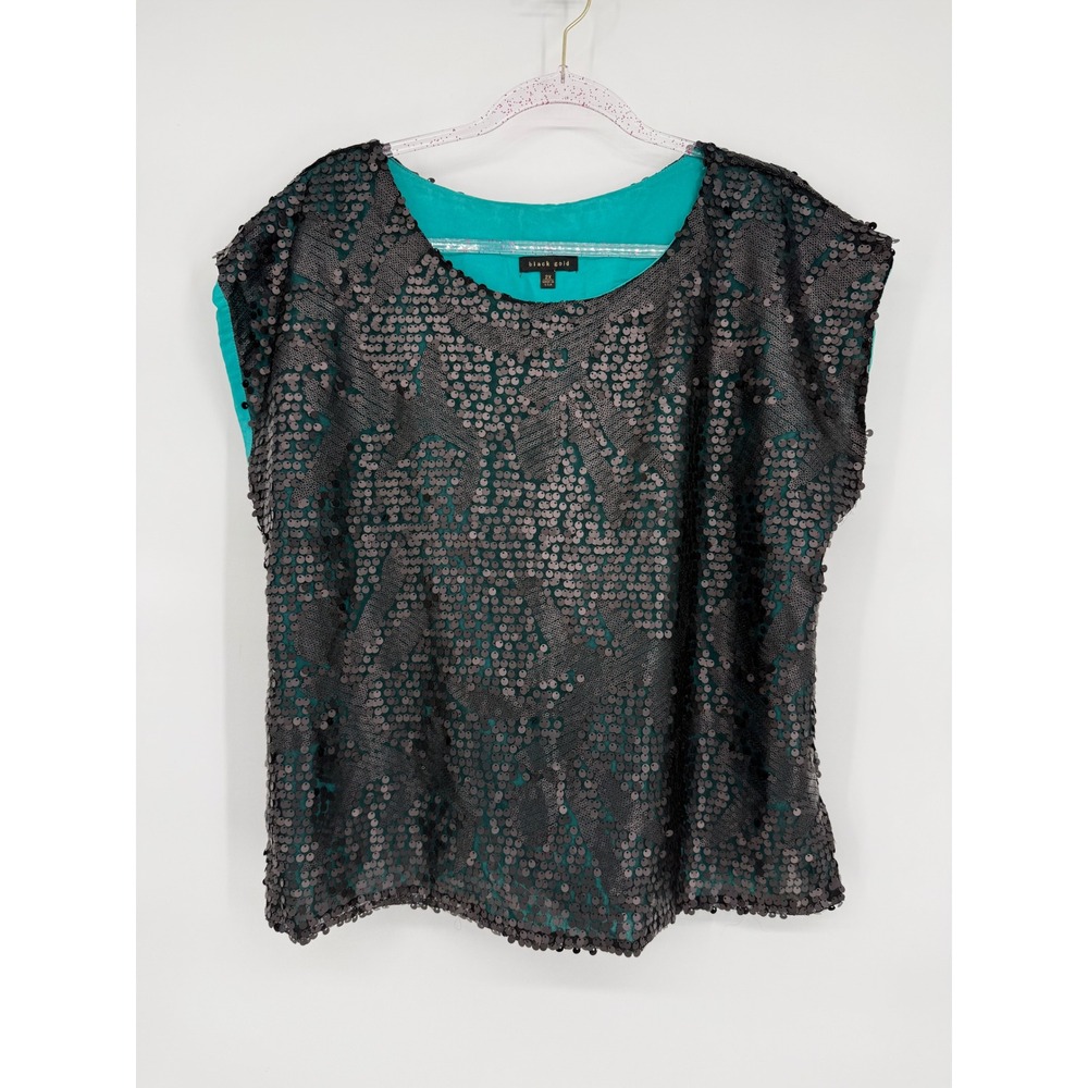 Black Gold Sz 2X Sequin Embellished Sheer Mesh‎ Top Black Short Sleeve Evening